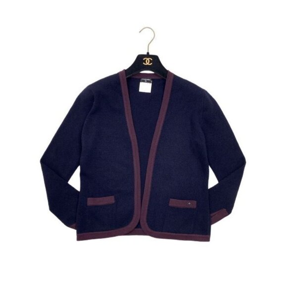 Authentic CHANEL Cashmere Cardigan and Vest Ensemble Navy Purple Knit Coco 38 - Picture 2 of 6